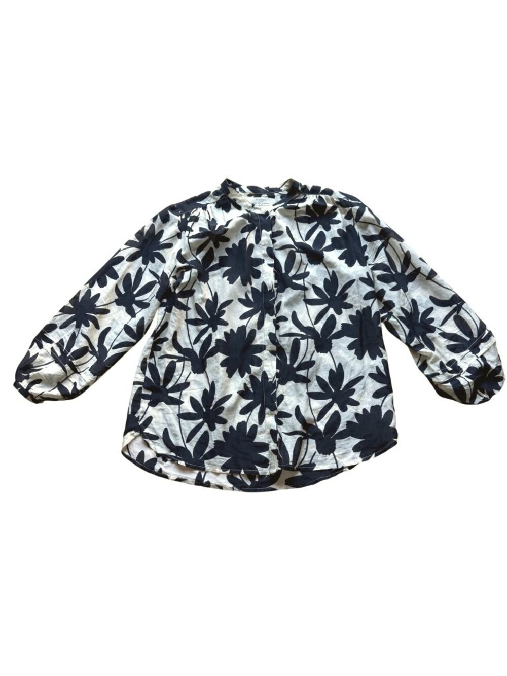 Trovata Birds Of Paradis Navy Floral Button-Down Blouse Medium Cotton-Silk Blend